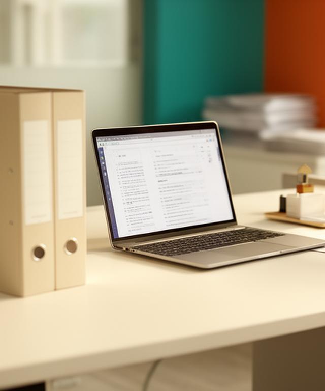 Büroaufbau mit Dokumentenmappe, Laptop und warmem Tageslicht in Wien