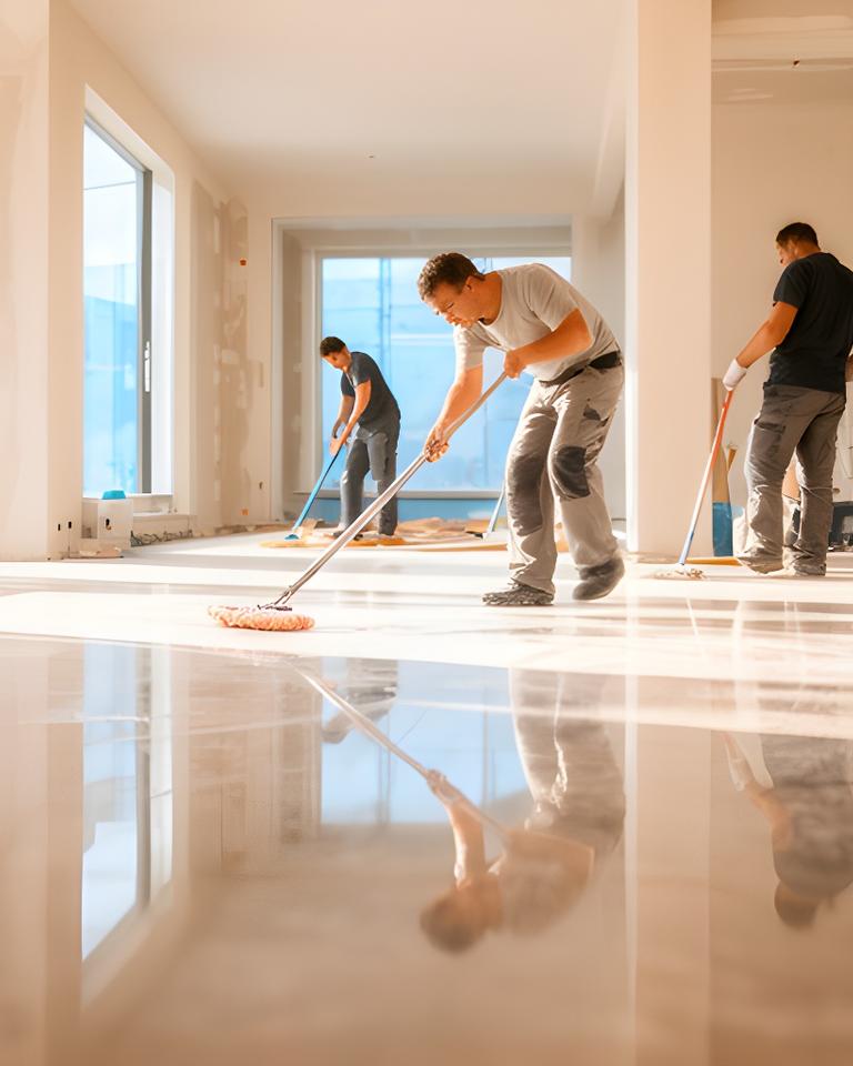Team bei der Endreinigung auf einer Wiener Baustelle mit glänzenden Böden und klarer Tageslichtsituation